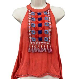 Piper by Townsen Halter Top Womens Terracotta Orange Tassel Southwestern Sz XS